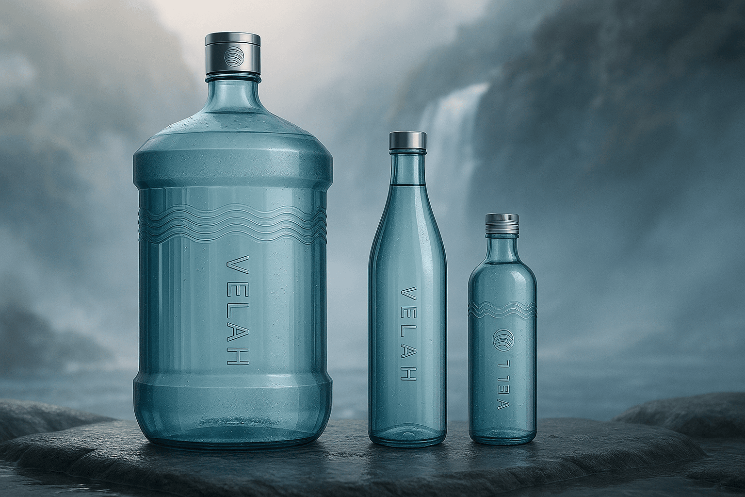 Velah glass bottles beside fresh fruit and herbs